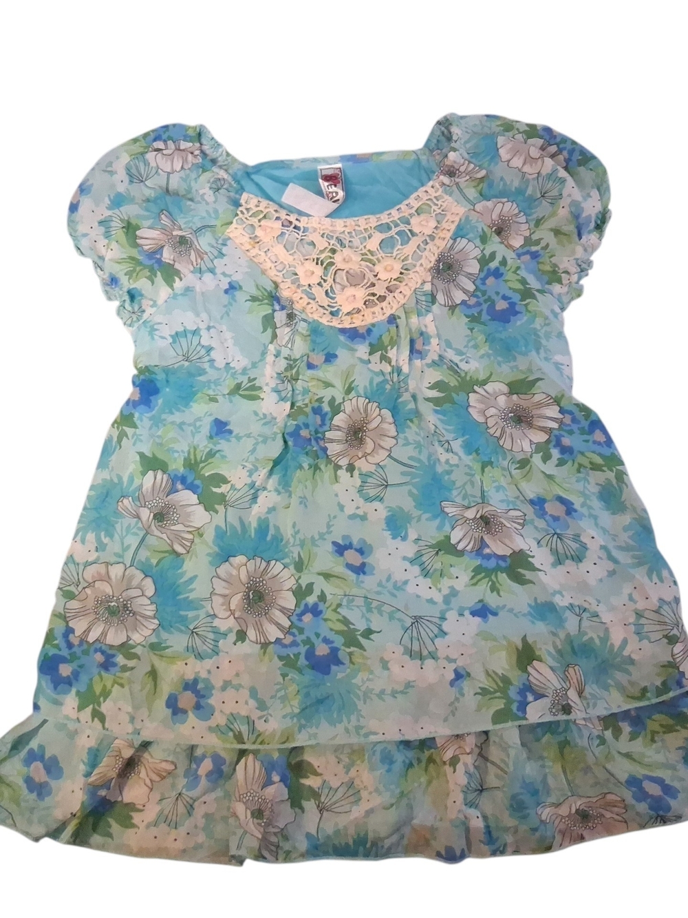 Beautees Y2k  Floral Chiffon Baby Doll Top  with Lace Yoke - Blue & Aqua
